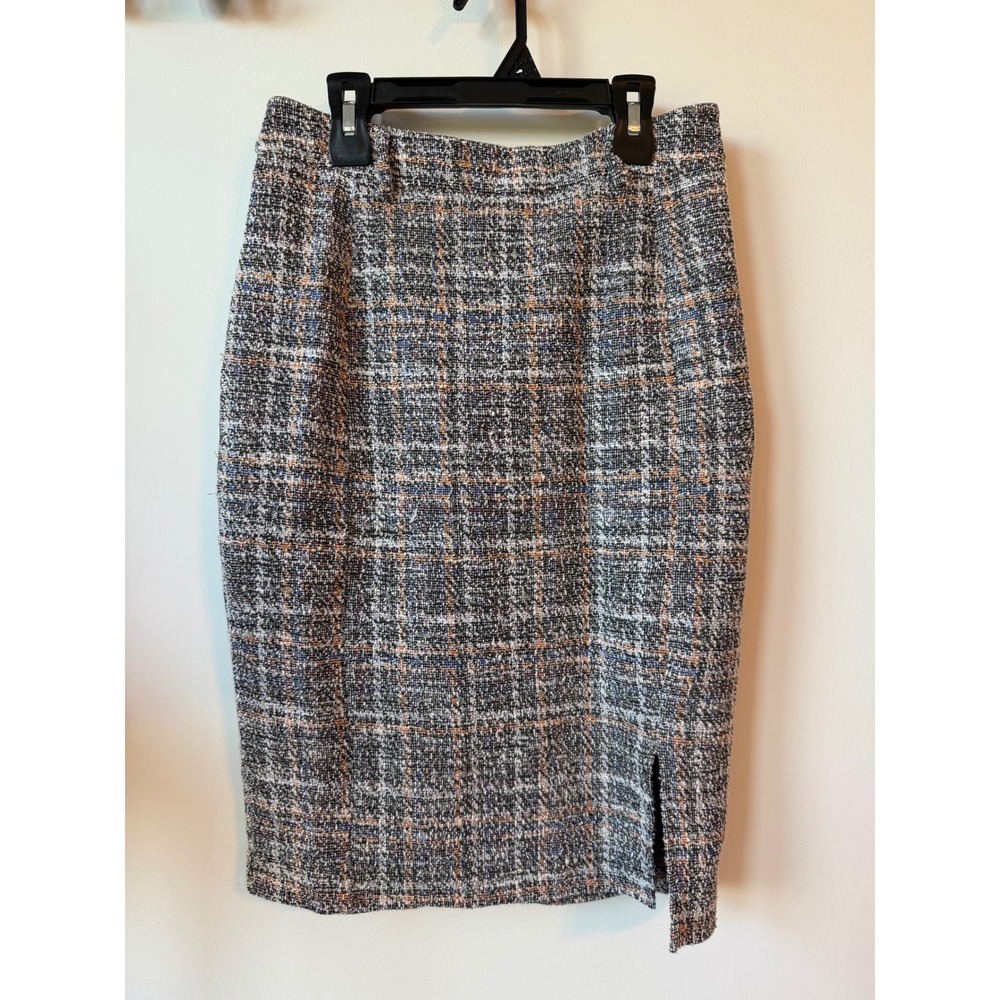 Kate Kasin Multi Color Tweed Plaid Pencil Skirt Size Medium High Waisted Slit
